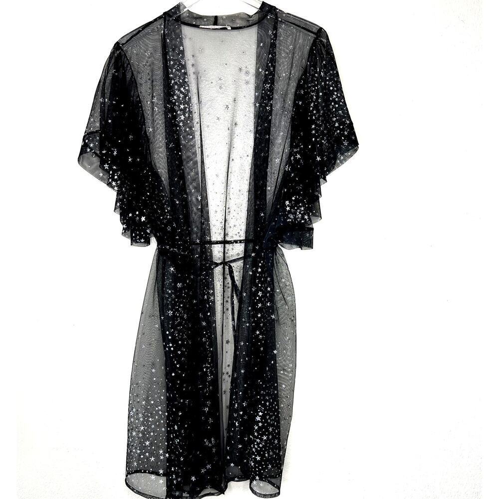Victoria's Secret Black Sheer Kimono Silver Glitter Star Tie Waist Ruffle Sleeve